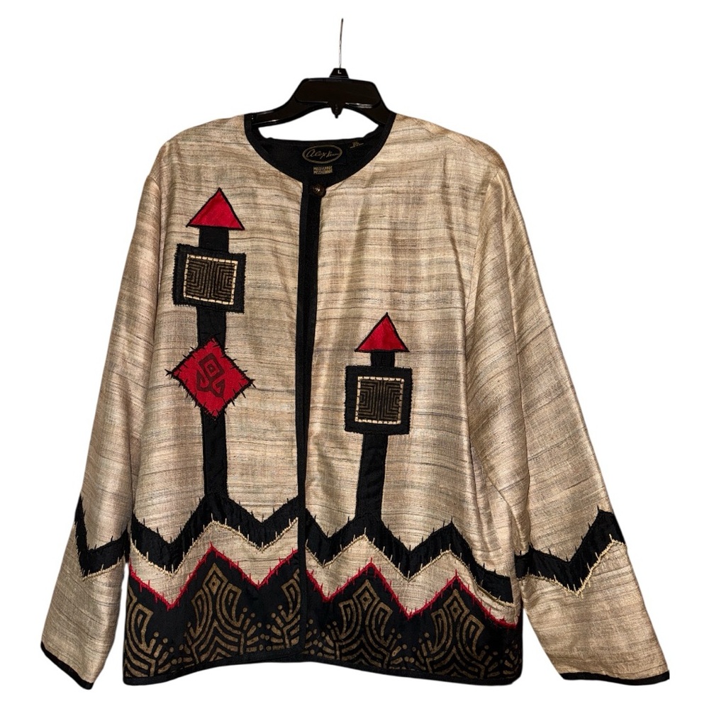 Alex Kim Vintage Silk Embroidered Jacket Blazer Wearable Art Women’s Large Tan